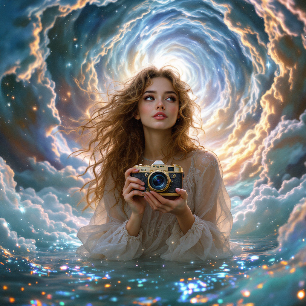 A woman with flowing hair holds a vintage camera, surrounded by swirling clouds and shimmering water, embodying the essence of shared stories and memories.