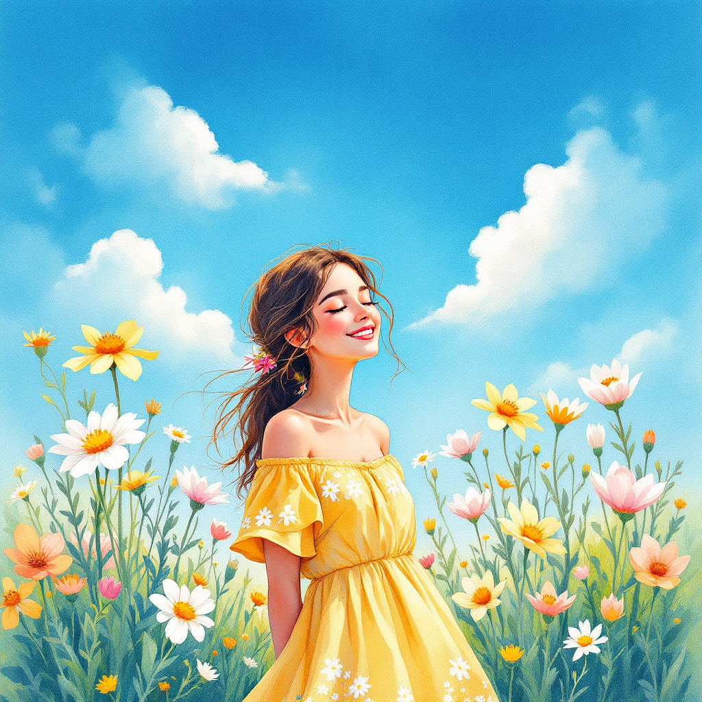 A young woman in a yellow dress stands joyfully among colorful flowers under a bright blue sky, embodying the essence of happiness and self-acceptance.