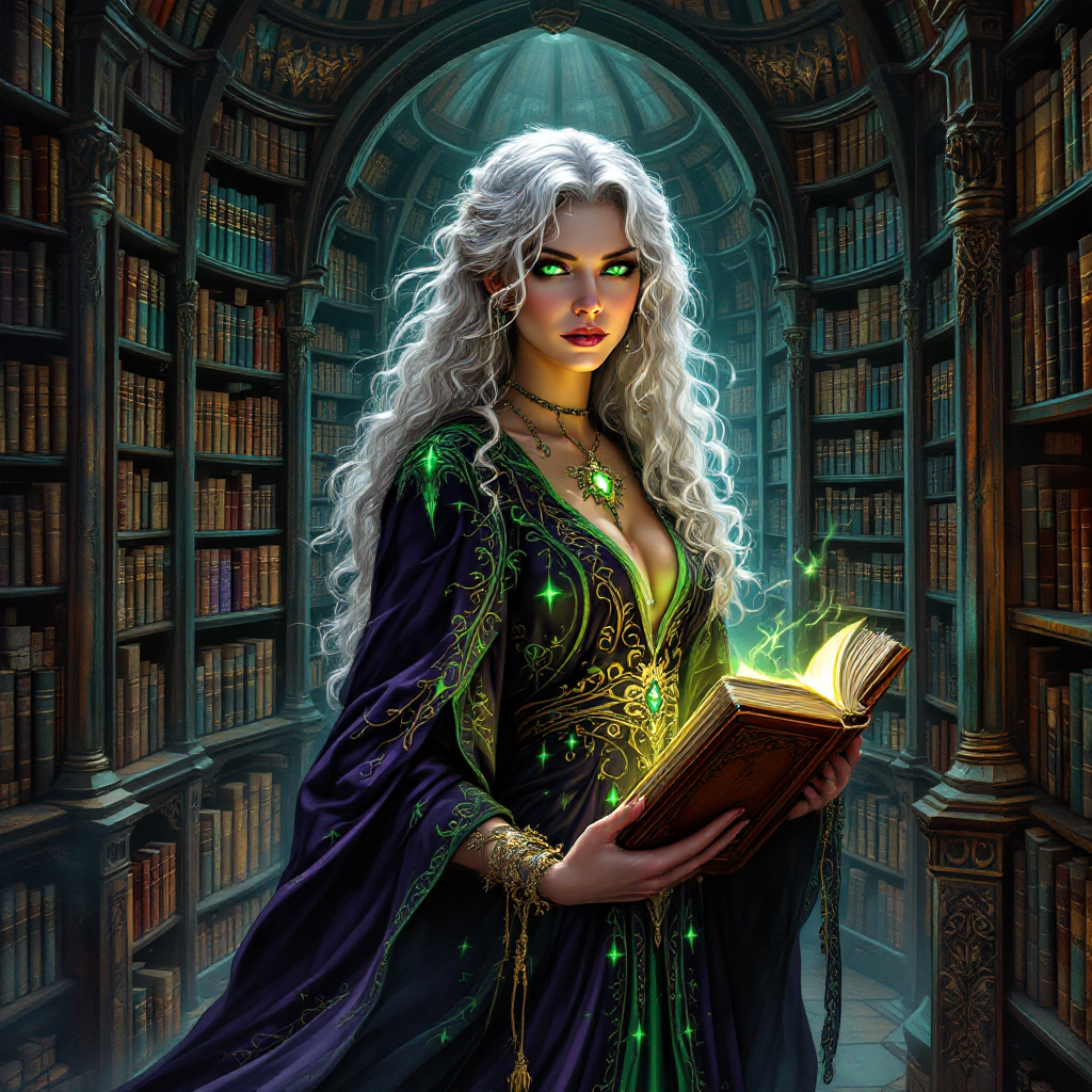 A mystical figure with long, silver hair stands in a grand library, holding an open book that glows with green light, embodying the quote about the power of language.