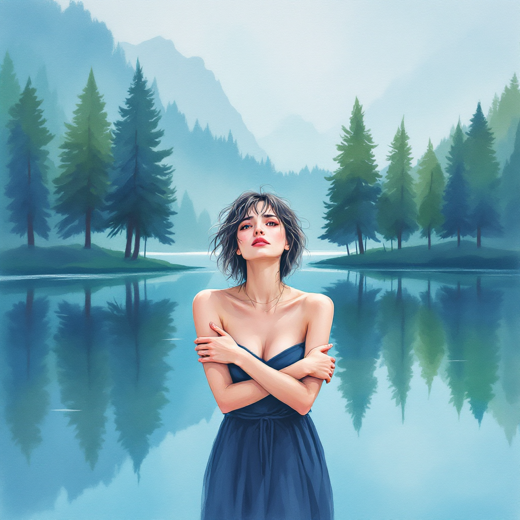 A contemplative woman stands by a serene lake surrounded by misty mountains and pine trees, embodying the message that it’s okay to not be okay, as long as you don’t give up.