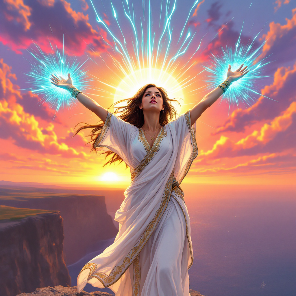 A powerful figure in a flowing white garment stands on a cliff, arms raised with glowing energy, illuminated by a radiant sunrise, embodying the spirit of seizing freedom.