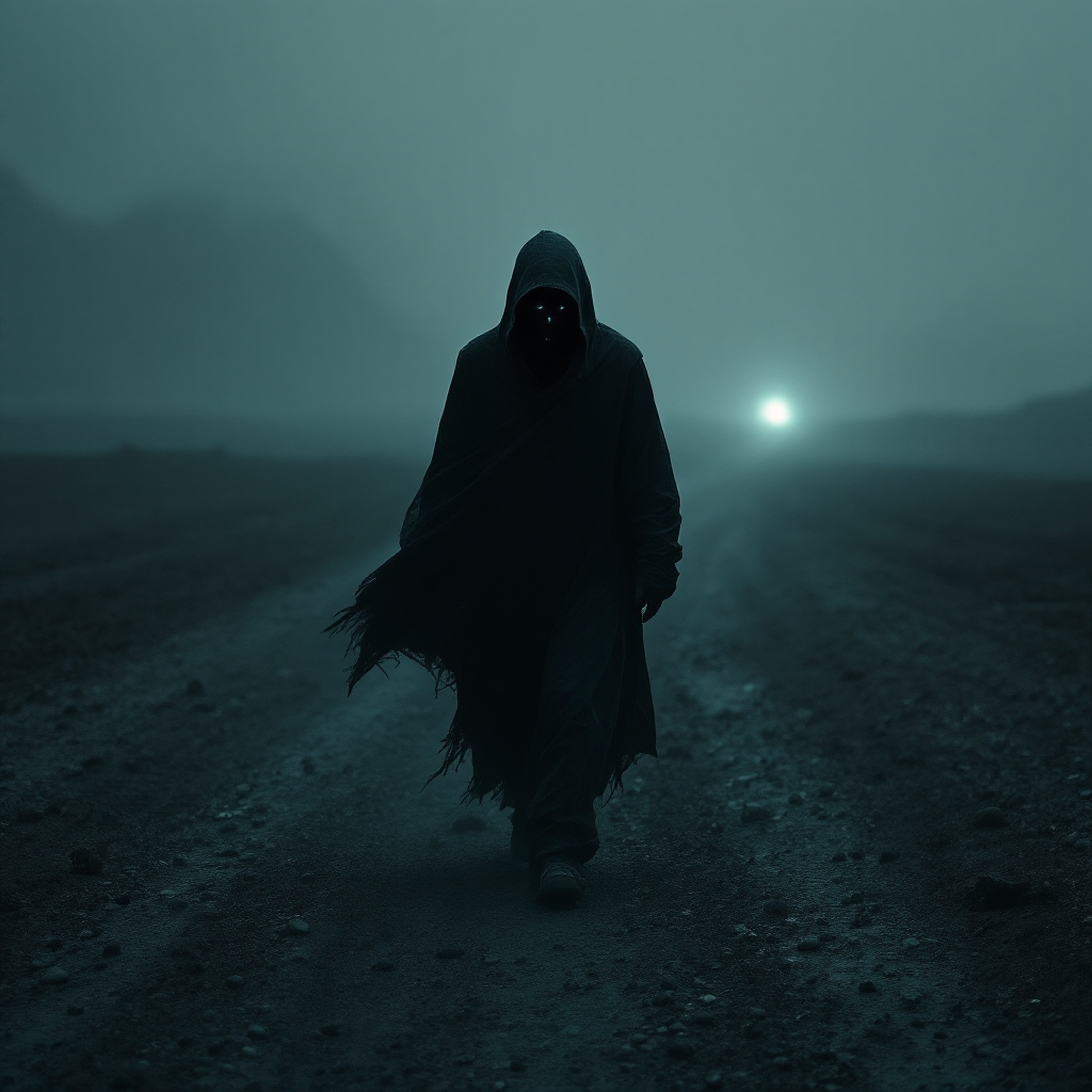 A cloaked figure walks down a dark, misty road, shrouded in shadows, symbolizing perseverance in the face of uncertainty and the struggle to keep going.