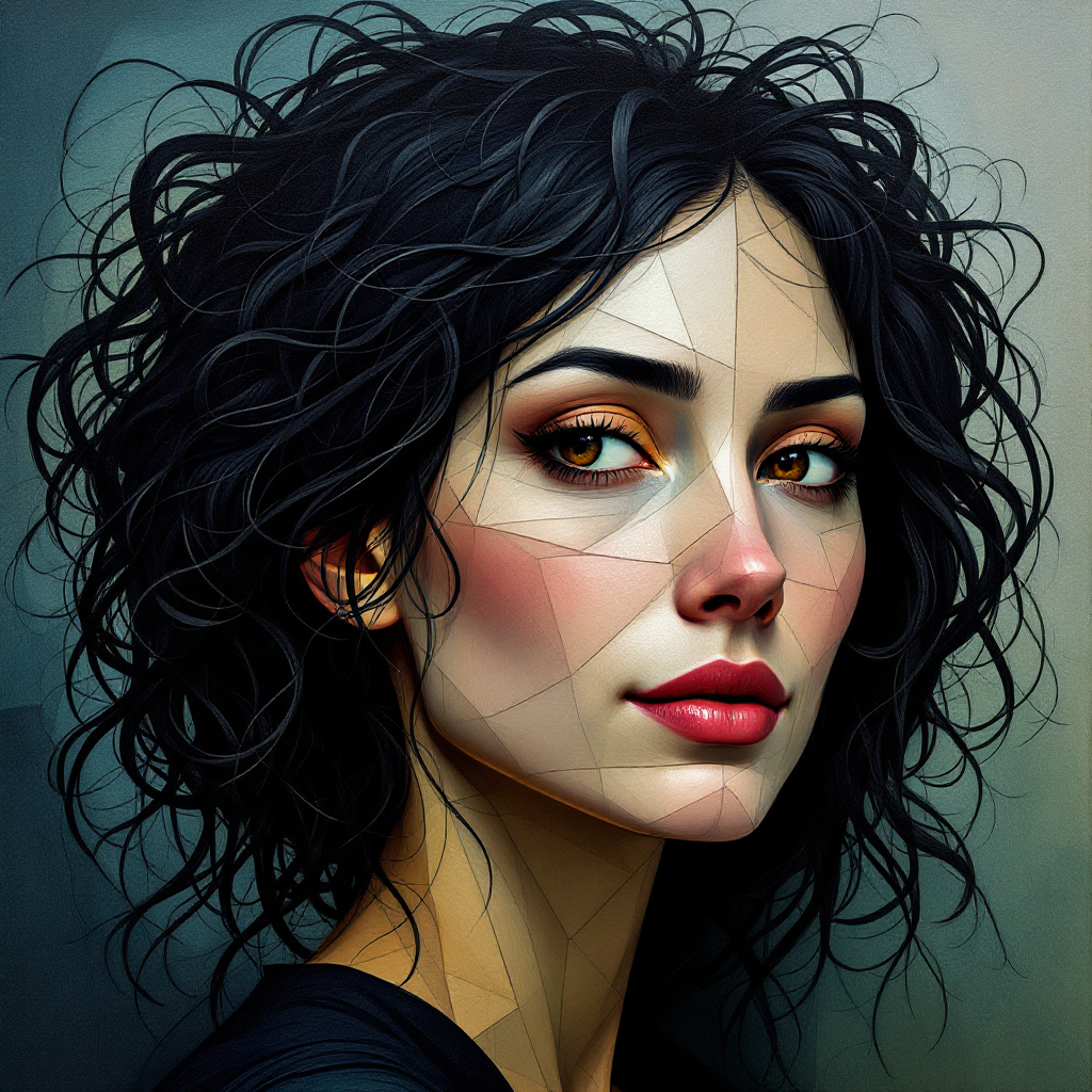 A stylized portrait of a woman with curly black hair and striking eyes, capturing the essence of seeing with the heart, embodying the quote about the invisibility of what is essential.