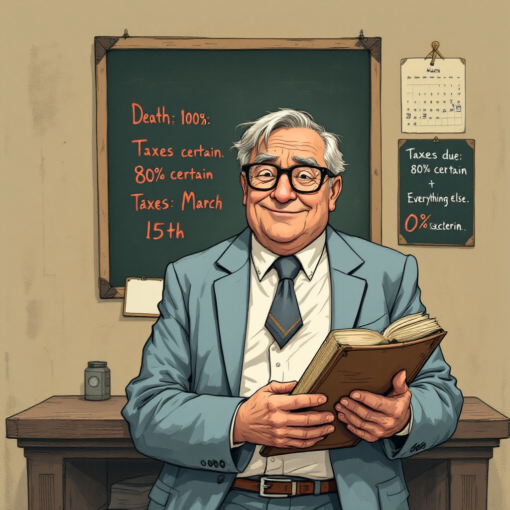 A smiling older man in a suit stands with a book, in front of a chalkboard listing Death: 100%, Taxes: 80% certain, and Taxes due: March 15th. The scene reflects a humorous take on life's certainties.