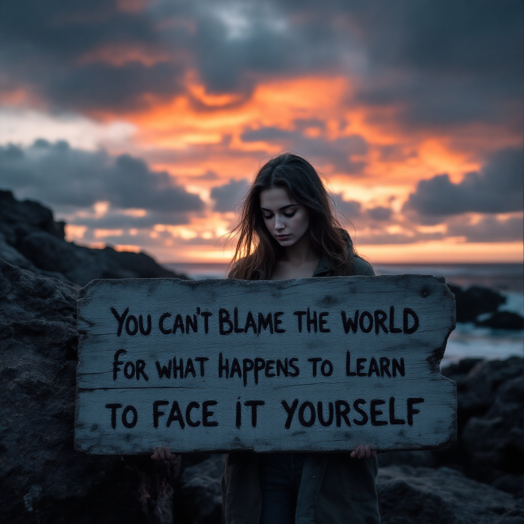 A young woman stands on rocky terrain at sunset, holding a wooden sign that reads, You can’t blame the world for what happens to you. You have to learn to face it yourself.