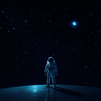 An astronaut stands on a dark, barren landscape, gazing up at a starry sky filled with unflickering stars, one glowing dot representing Earth among them.