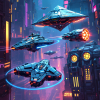 Four distinct spacecraft hover in a vibrant, neon-lit cityscape. They include a diamond-shaped ship, a cylindrical craft, a star-shaped vessel, and a spherical design with a ring.