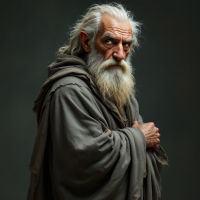 An elderly man with long grey hair and a distinguished, careworn face wears a single long grey robe, exuding a sense of wisdom and kindness. He gazes thoughtfully to the side.