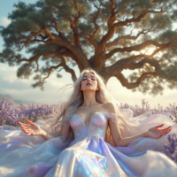 A serene figure in a flowing gown sits among lavender fields, basking in sunlight, as a majestic tree looms in the background, embodying the essence of dreams and possibilities.