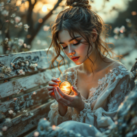 A young woman sits on a weathered bench, holding a glowing orb, surrounded by soft blossoms. The scene evokes the complex nature of memory as both joyful and burdensome.