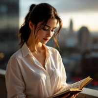 A woman in a white shirt thoughtfully reads a book on a balcony, with a city skyline and sunset in the background, reflecting the importance of personal stories in creating change.