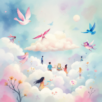 A whimsical scene of diverse figures amidst fluffy clouds, with blooming flowers and colorful birds, embodying the notion of human desires beyond heroes and villains.