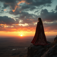 A figure in a crimson cloak stands on a rocky ledge, gazing at a vibrant sunset, embodying themes of honor, decency, and truth against a dramatic, expansive landscape.