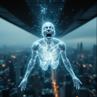 A glowing, ethereal figure screams as it ascends above a city skyline, embodying the idea that pain is fear leaving the body, surrounded by a shimmering aura of energy.