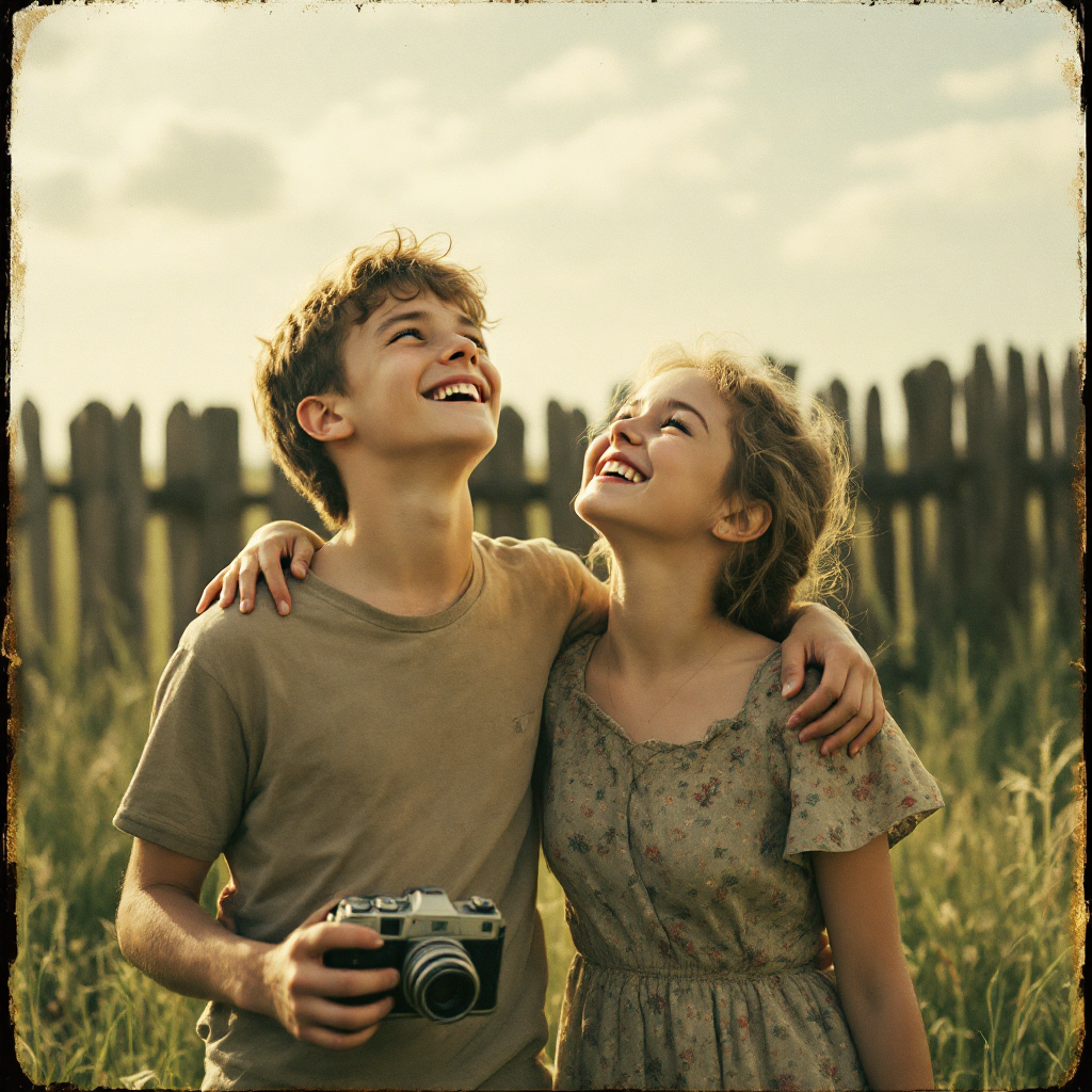 Two smiling young friends stand closely together in a sunlit field, one holding a camera, embodying the sentiment that true friendship thrives on shared memories, undisturbed by time or distance.