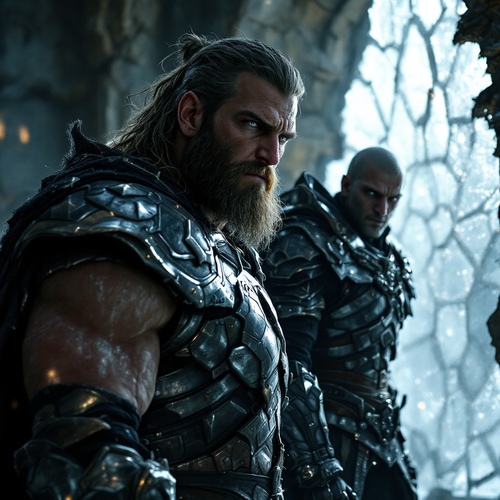 A muscular warrior with a long beard and armor stands confidently in a ruined structure, flanked by a serious-looking companion, as light filters through broken glass.