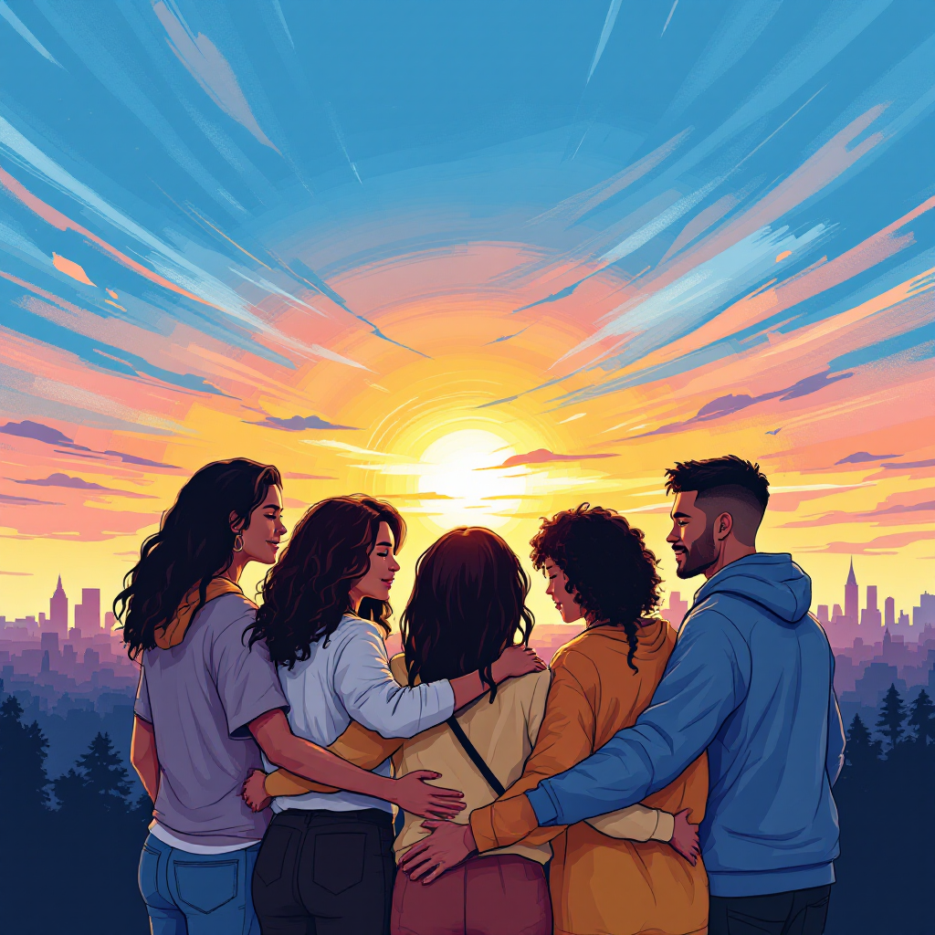 A diverse group of five friends stands together, gazing at a vibrant sunset over a city skyline, embodying the spirit of unity expressed in the quote about shared journeys.