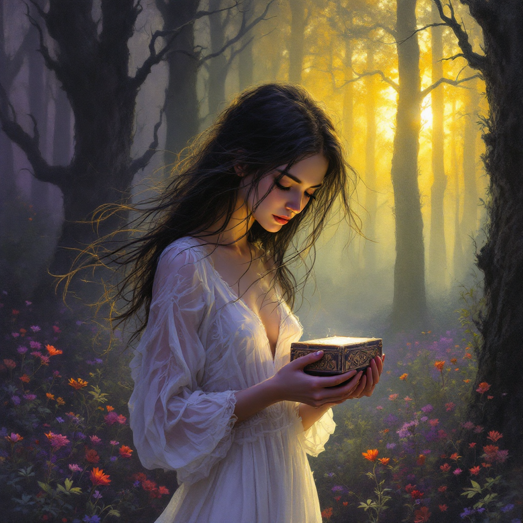 A young woman in a flowing white dress stands in a mystical forest, holding a glowing bowl, surrounded by vibrant flowers and dappled sunlight, embodying the journey of self-discovery.