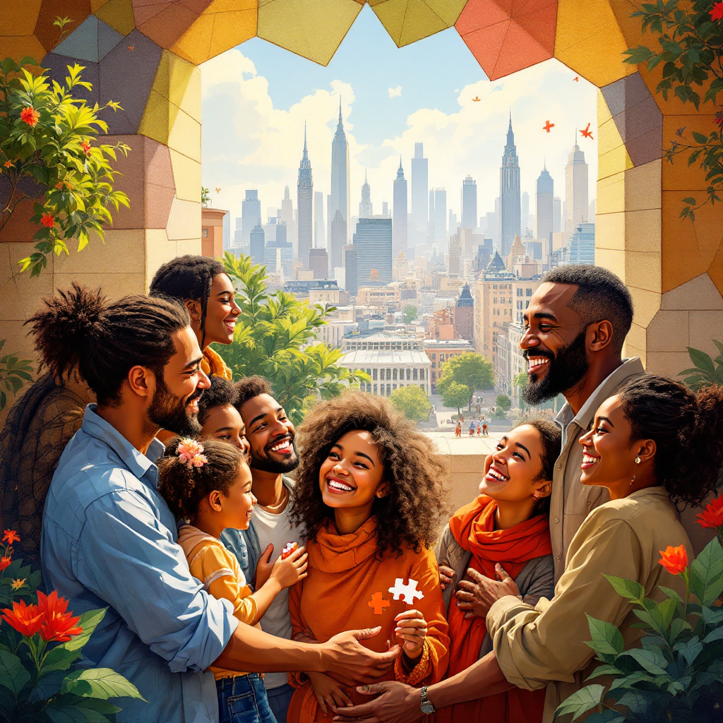 A diverse group of people joyfully interact in a colorful garden, framed by an archway overlooking a vibrant city skyline, symbolizing the importance of meaningful relationships.