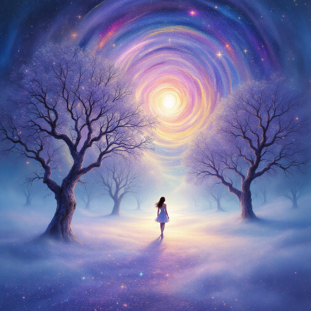 A figure walks through a misty landscape, surrounded by bare trees under a swirling, colorful sky with a radiant light at its center, evoking a sense of otherworldly exploration.