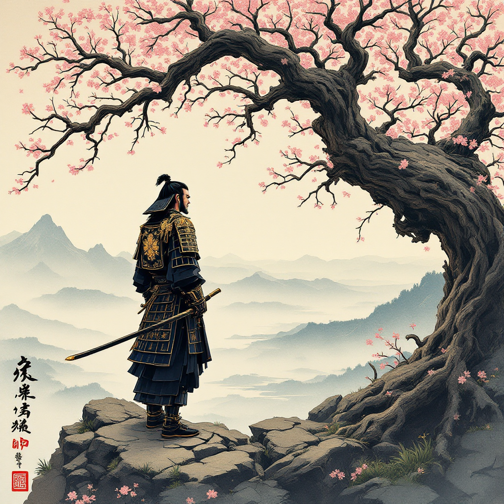 A lone warrior in ornate armor stands atop a rocky cliff, gazing out at a misty landscape, beneath a blossoming tree, symbolizing resilience and the potential for a comeback.