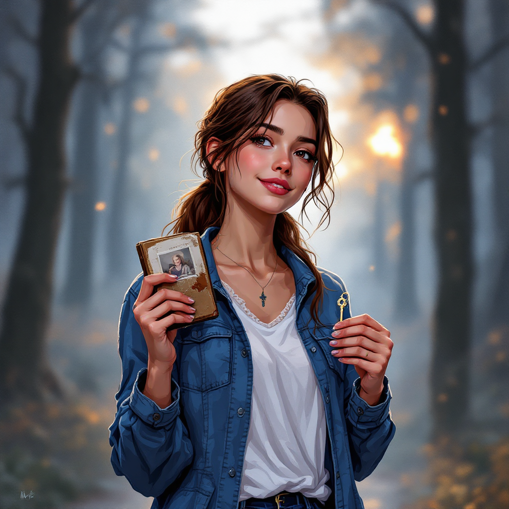 A young woman stands in a misty forest, holding a small photo and a key, symbolizing the impact of the past on choices that shape the future. Warm light filters through the trees.