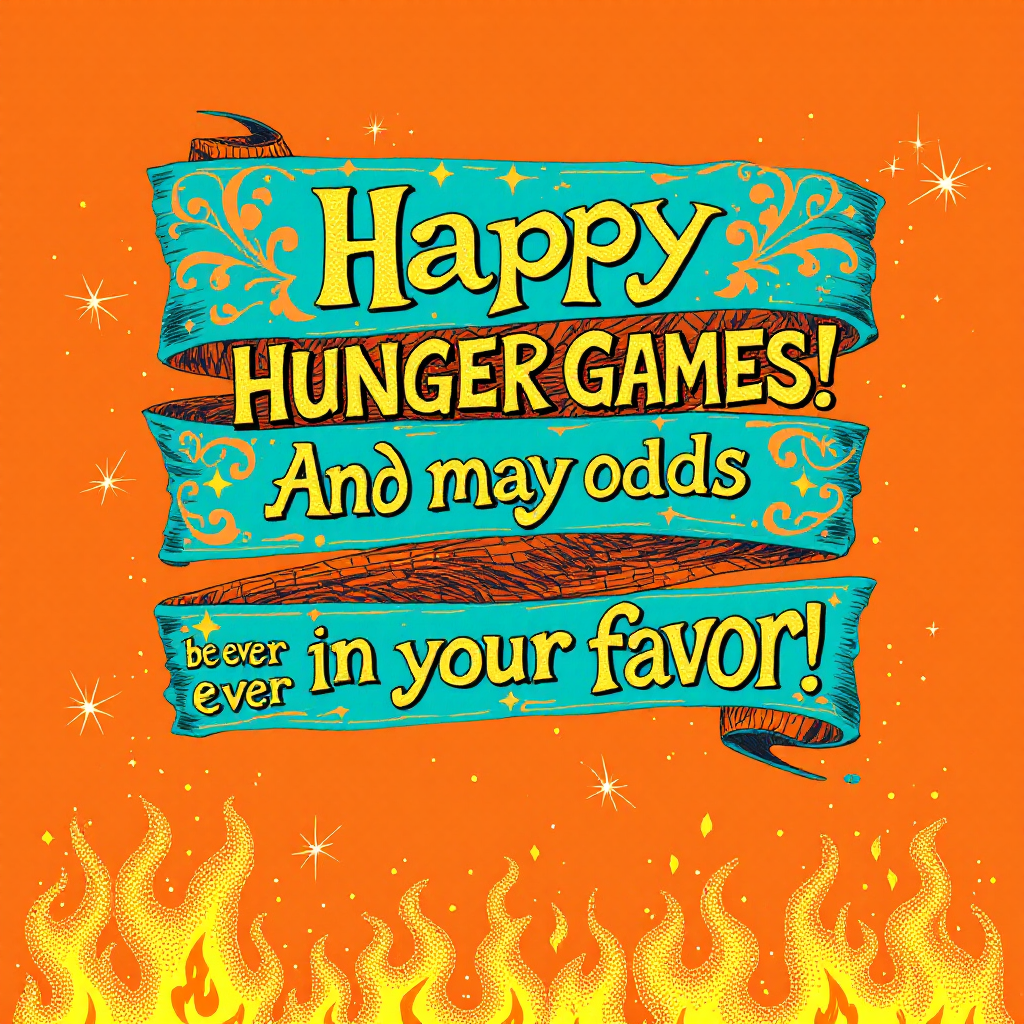 Colorful text on a bright orange background reads, “Happy Hunger Games! And may the odds be ever in your favor!” with stylized flames at the bottom.