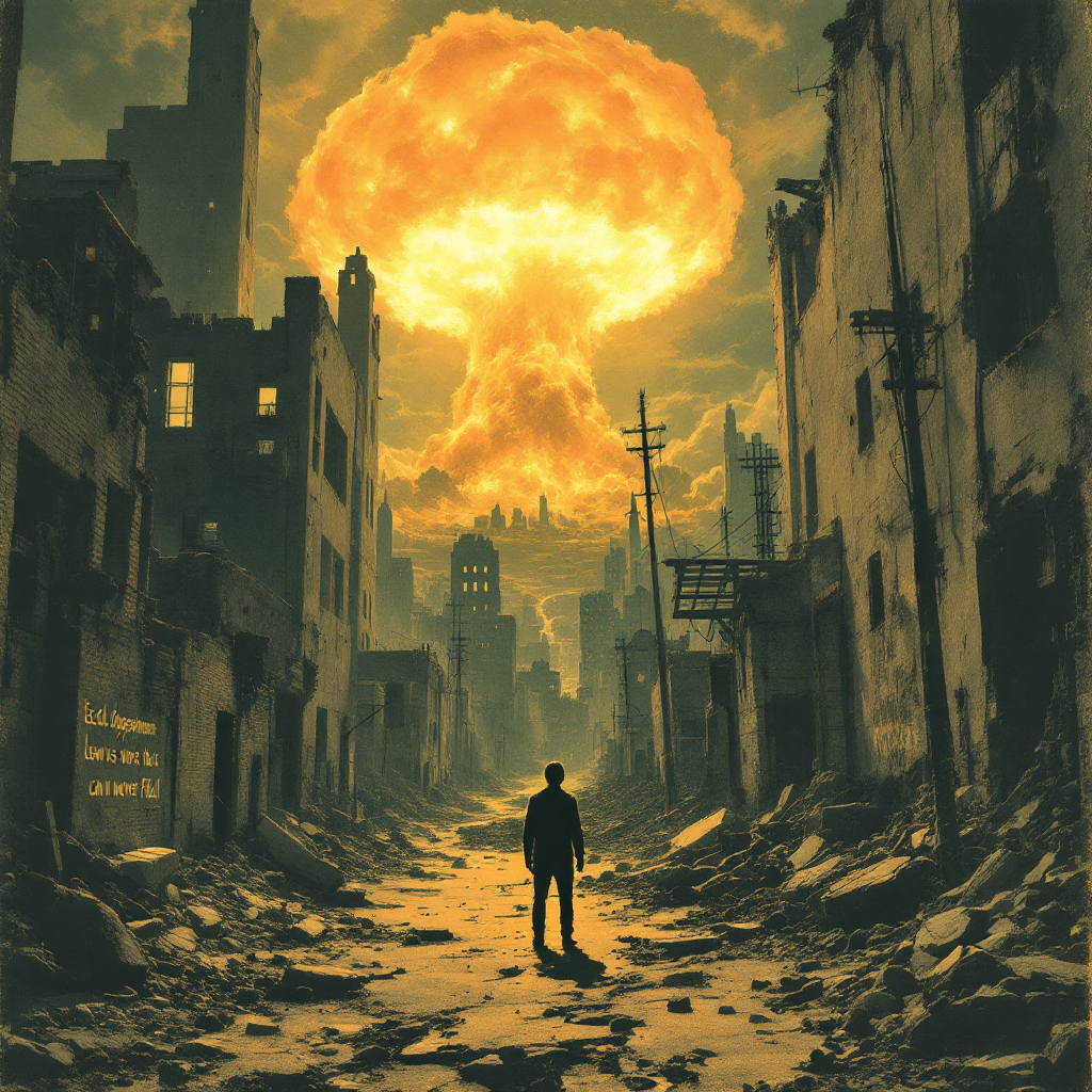 A lone figure stands in a desolate, ruined cityscape, silhouetted against a massive, fiery mushroom cloud, embodying the profound void left by each disappearance.