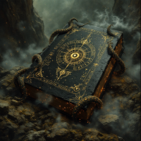 A dark, intricate book lies amidst rocky terrain, its cover adorned with celestial symbols and entwined by serpentine vines, symbolizing the power and danger of language as a weapon.