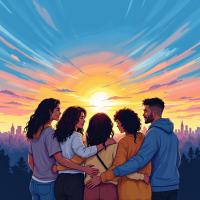 A diverse group of five friends stands together, gazing at a vibrant sunset over a city skyline, embodying the spirit of unity expressed in the quote about shared journeys.