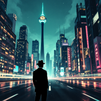 A silhouette of a man in a fedora stands on a deserted city street, illuminated by glowing skyscrapers, evoking the sentiment of redemption from Baba's words: There is a way to be good again.