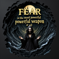 A hooded figure stands amidst swirling shadows, arms raised, embodying the quote “Fear is the most powerful weapon of all,” with bold text and a full moon in the background.