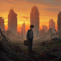 A solitary figure stands with a briefcase amid ruins of tall buildings at sunset, evoking a mood of farewell inspired by So long, and thanks for all the fish.