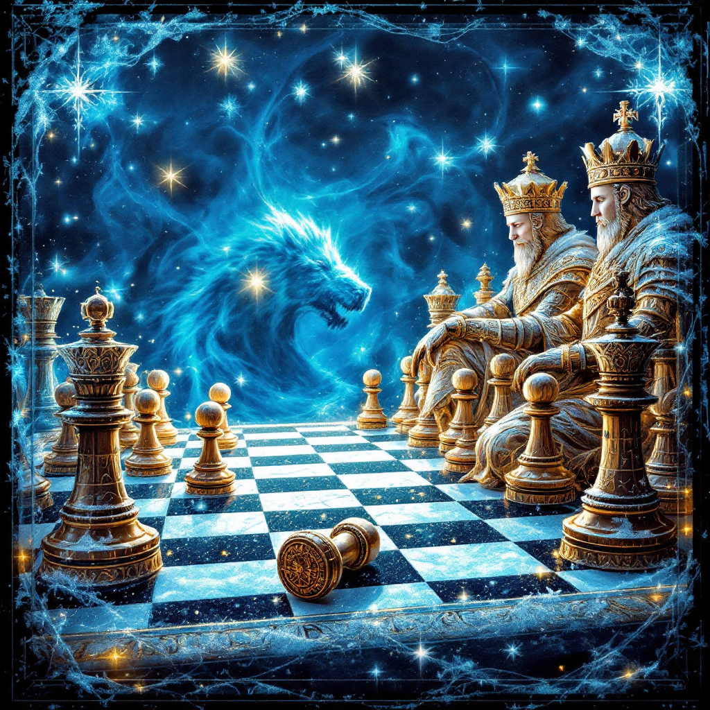 A cosmic chessboard features two regal kings facing each other, with a mystical wolf looming in the background, reflecting the stakes of power as echoed in the quote, In the game of thrones, everyone plays for keeps.