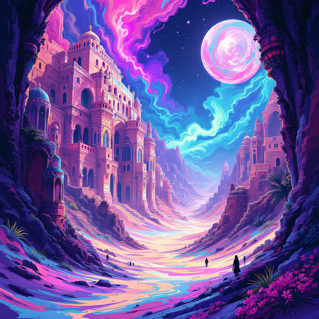 A vibrant, surreal landscape features towering ancient ruins bathed in rich purples and blues, under a glowing moon, evoking the idea that the past never stays buried.