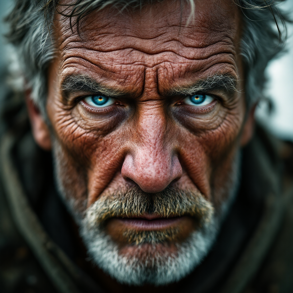 A close-up portrait of an older man with intense blue eyes and weathered skin, conveying strength and determination, embodying the quote on courage in facing fear.