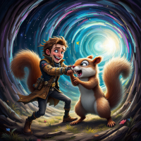 A young adventurer playfully wrestles a cartoon squirrel in a vibrant, swirling landscape filled with stars, capturing the quirky spirit of the quote about their late arrival.