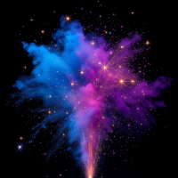 A vibrant explosion of purple and blue smoke with sparkling stars against a black background, embodying the quote: The darker the night, the brighter the stars.