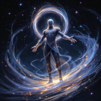 A figure stands in a cosmic setting, arms outstretched, encircled by swirling energy and stars, embodying the essence of creating one's own fate.