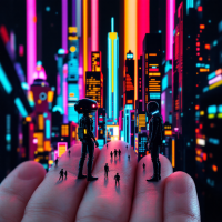 A hand cradles two small figures against a vibrant, neon-lit cityscape, symbolizing the idea of shaping the future with thoughtful guidance, as suggested by the quote.