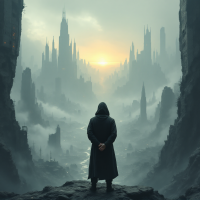 A hooded figure stands on a rocky ledge, overlooking a desolate city with towering spires as the sun rises, evoking a sense of calm amidst impending chaos.