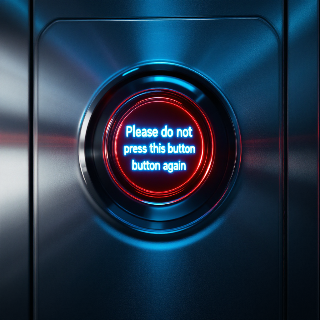 A large, illuminated red button on a sleek panel reads Please do not press this button again, set against a futuristic backdrop of deep blue and metallic textures.