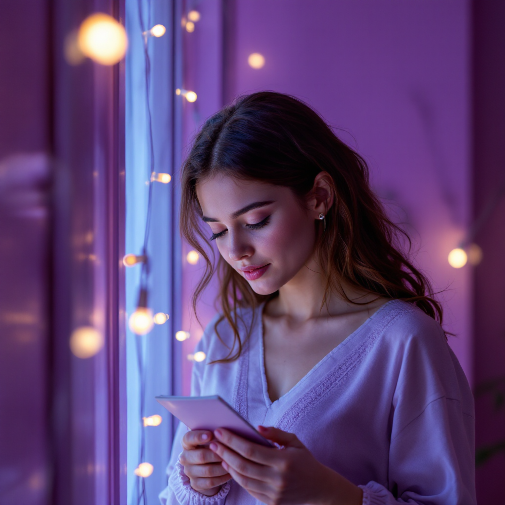 A young woman stands by a window, illuminated by soft, glowing lights. She gazes thoughtfully at her phone, embodying the quote about understanding others' choices through empathy.