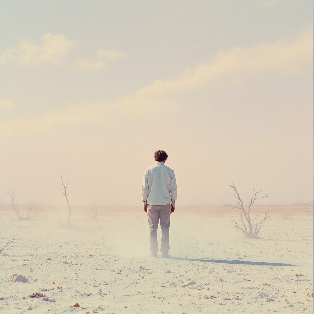 A solitary figure stands in a desolate landscape, surrounded by barren earth and mist, evoking the poignant quote: The man was gone and there was no one left to see him die. 