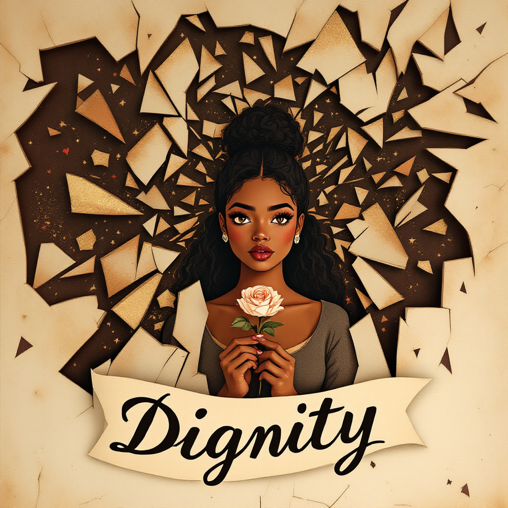 A young woman holds a rose, framed by a backdrop of shattered paper, with the word Dignity prominently displayed, embodying the quote's challenge to exploitative narratives.