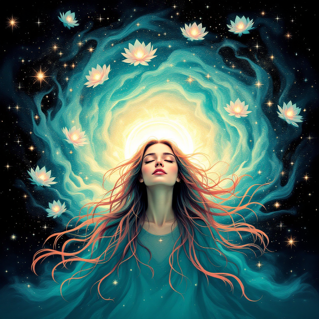 A serene woman with flowing hair gazes upward, surrounded by luminous lotus flowers and swirling cosmic colors, embodying the idea that our thoughts shape our reality.