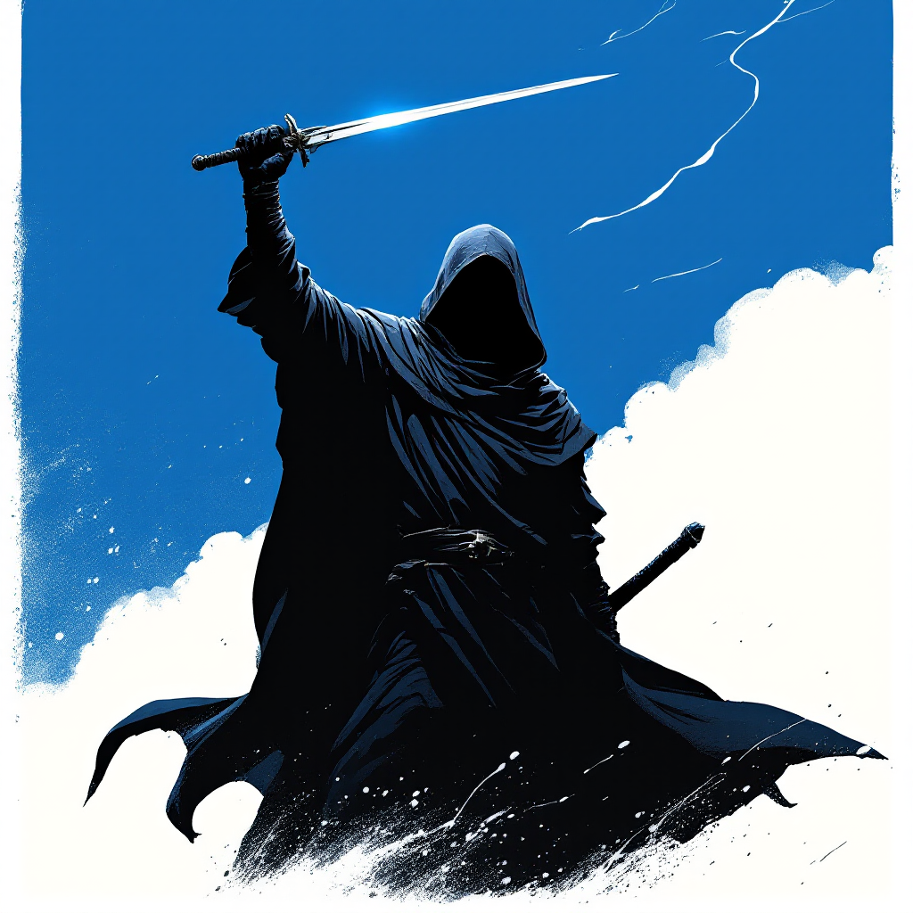 A cloaked figure with a glowing blue sword stands triumphantly against a bright blue sky, embodying the quote, The man who passes the sentence should swing the sword.