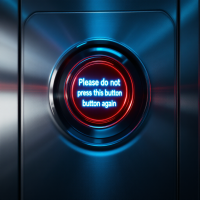 A large, illuminated red button on a sleek panel reads Please do not press this button again, set against a futuristic backdrop of deep blue and metallic textures.