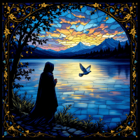 A cloaked figure stands by a tranquil lake at sunset, gazing at the vibrant sky and distant mountains, while a bird soars gracefully above the shimmering waters, embodying life's uncertainties.