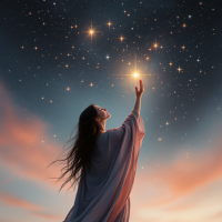 A serene figure in flowing robes reaches up toward a star-filled sky, embodying the quote To the stars who listen—and the dreams that are answered. The scene radiates hope and ambition.